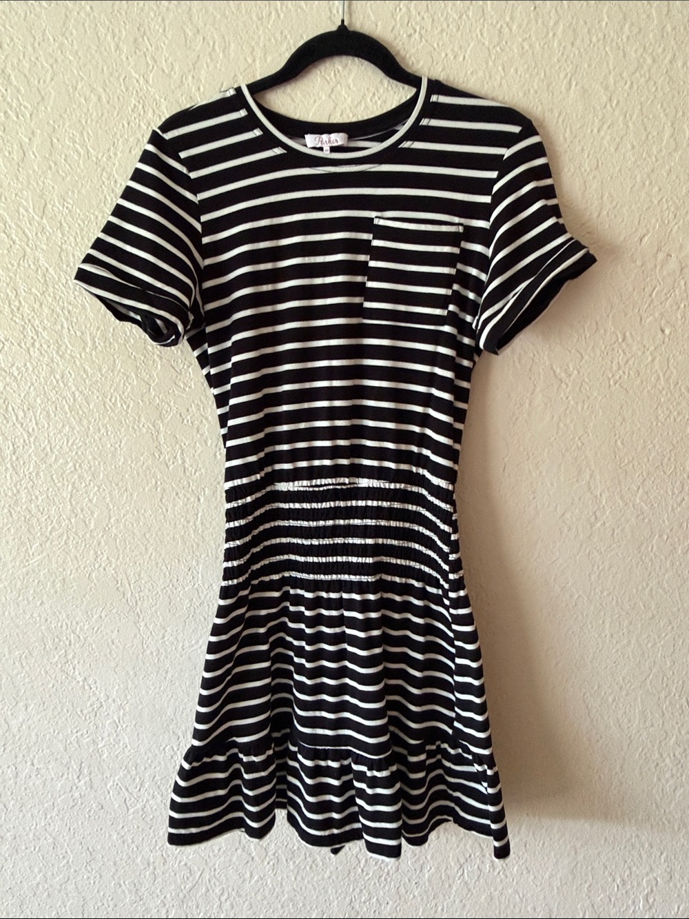 Parker Cotton Jersey Mini Dress Size XS/S Black White Chest Pocket Smocked Waist - Picture 2 of 7